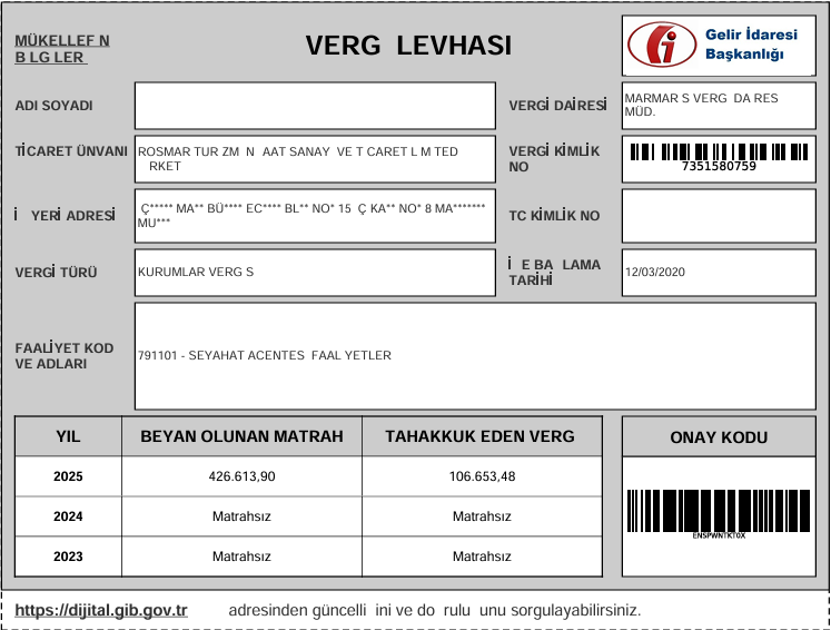 Rosmar Turizm - Vergi Levhası
