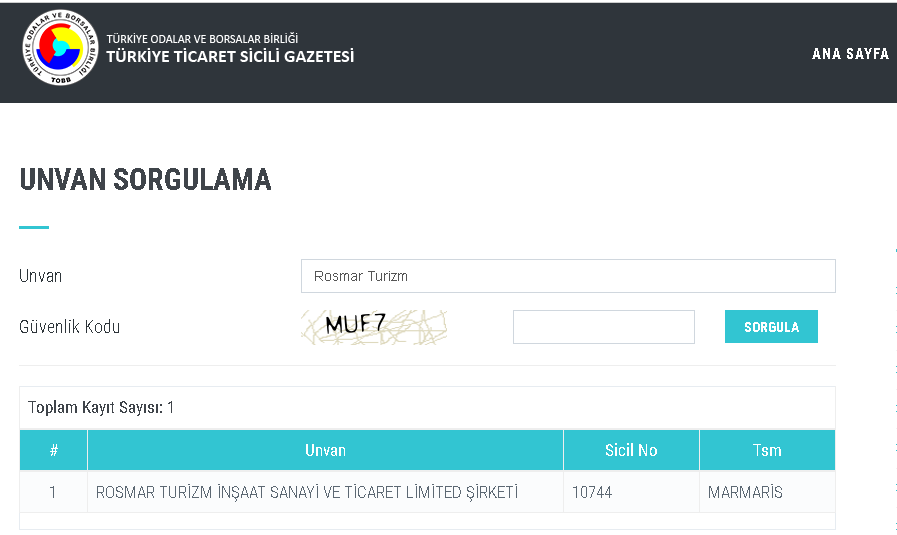 Türkiye Ticaret Sicili Gazetesi - Rosmar Turizm Unvan Tescil